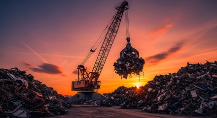 Industrial crane at sunset over scrap metal yard for recycling and environment concept