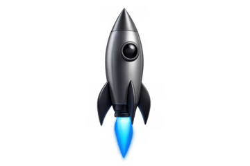 Launching a sleek grey 3d rocket icon with blue flame, symbolizing startup growth, innovation, and business success