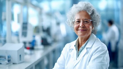 A portrait of a woman with curly hair and glasses, wearing a white lab coat, standing in a laboratory setting. She has a confident and approachable demeanor.