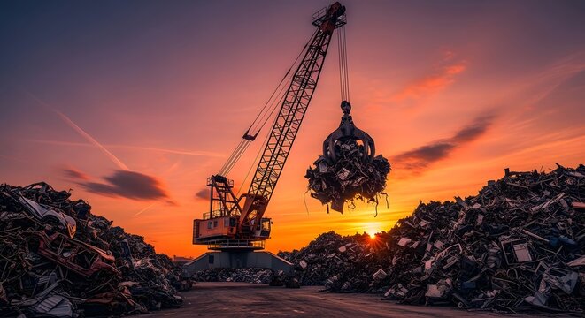 Industrial crane at sunset over scrap metal yard for recycling and environment concept - Powered by Adobe