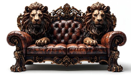 Regal brown leather sofa with carved lion details high resolution picture