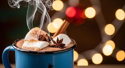 Cozy winter beverage with hot chocolate, marshmallows, and cinnamon sticks for seasonal comfort and holiday indulgence
