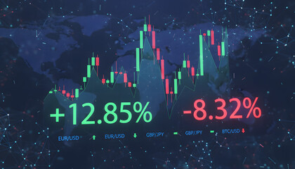 Dynamic financial market data with global economic trends and trading charts