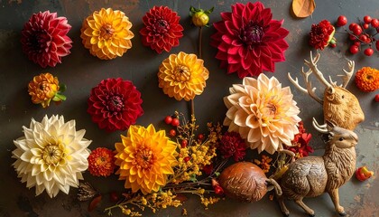 Autumnal Still Life with Dahlias and Decorative Deer Figurines.