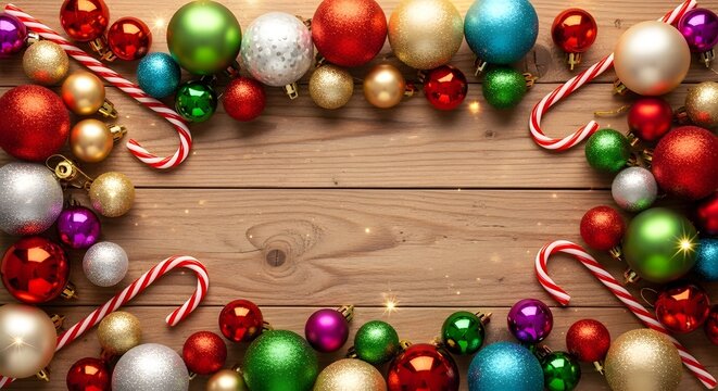 Festive christmas border with colorful ornaments and candy canes on wooden background for holiday decor and greeting card design - Powered by Adobe