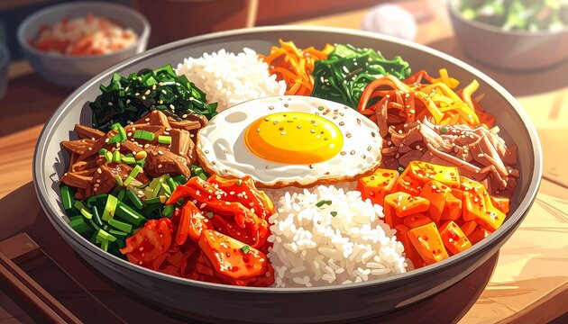 A large bowl of Korean bibimbap with colorful vegetables, rice, meat, and a sunny-side-up egg on top