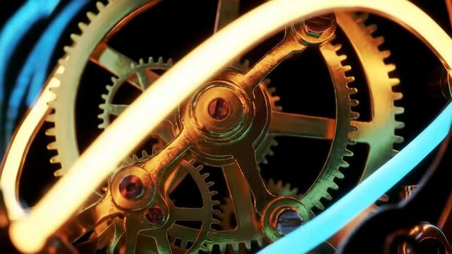 Illuminated clockwork gears spin on black, with abstract light trails, suggesting time and motion