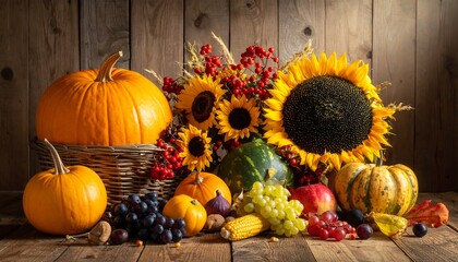 Autumn Harvest Still Life with Pumpkins and Sunflowers.