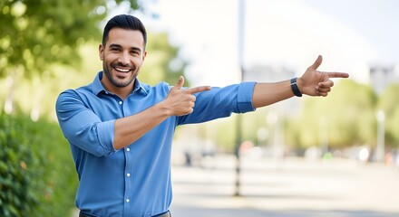 Smiling Man Gesturing Direction Guiding the Way Forward with Enthusiasm
