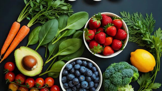 Cinematic Video of Flat-Lay Organic Superfoods on Dark Textured Surface with Soft Natural Lighting