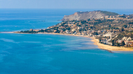 Fototapeta premium Panorama of a promontory overlooking the Mediterranean Sea. This is Capo Rossello, in the province of Agrigento, Sicily, Italy.