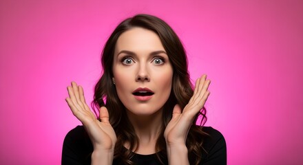 Surprised Woman with Wide Eyes and Open Mouth on a Vibrant Pink Background