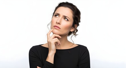 Pensive young woman deep in thought, contemplating a complex decision or seeking an innovative solution with a focused and serious expression