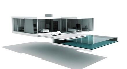 Elegant modern villa with a sleek design and a swimming pool, a 3D architectural visualization of luxury real estate