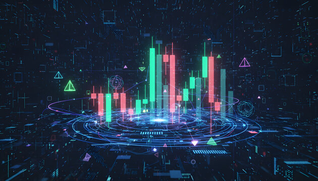 Dynamic financial data visualization with glowing charts and futuristic network effects - Powered by Adobe