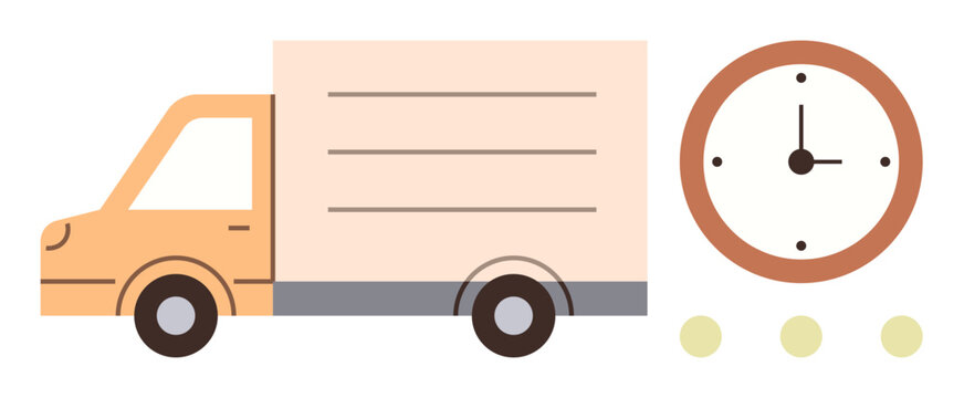 Orange delivery truck beside an analog clock, emphasizing punctual transport and delivery. Ideal for shipping, logistics, supply chain, punctuality, time management, e-commerce, business planning