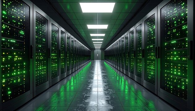 A long corridor of servers with bright green lights reflecting on the glossy floor, ending at a distant door