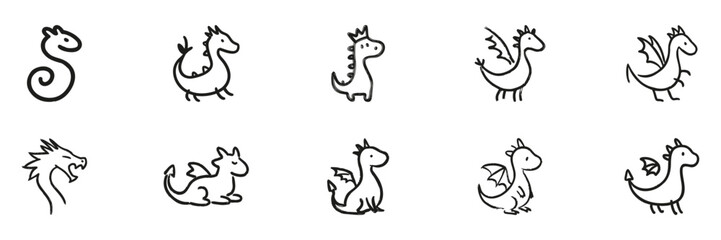 Cute Dragon Line Icon Set In Doodle Style. Fantasy Creature, Mythical Beast, And Imaginative Character Outline Sketch Collection. Hand Drawn Isolated Vector Illustration
