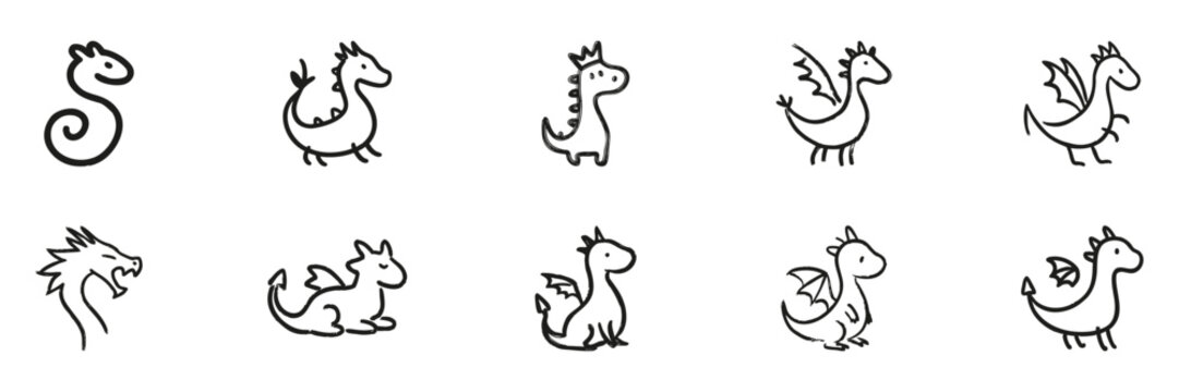 Cute Dragon Line Icon Set In Doodle Style. Fantasy Creature, Mythical Beast, And Imaginative Character Outline Sketch Collection. Hand Drawn Isolated Vector Illustration