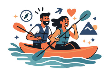 Kayaking Adventure Scene. Adventure travel. A couple kayaking on a glowing river with abstract motion lines