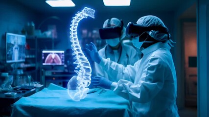 A medical professional in a sterile environment is using a virtual reality headset to interact with a spine model. The scene is set in a clinical environment with blue lighting. - Powered by Adobe