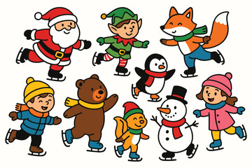 Cute cartoon characters ice skating together celebrating the winter holiday season