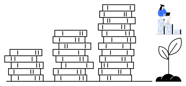 Stacks of coins increasing in height, a woman sitting on coins with a laptop, and a growing plant. Ideal for finance, investment, savings, growth, sustainability wealth and motivation. Simple flat