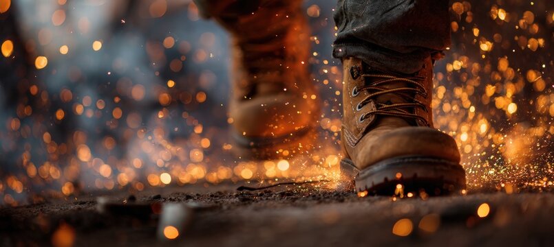 Worker's Boots Amidst Welding Sparks in Motion Photography Style