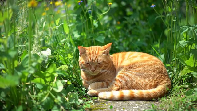 Orange cat resting peacefully in garden, surrounded by lush green foliage; for relaxation, calm content