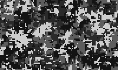 Abstract grayscale pixelated camouflage pattern. Perfect for backgrounds, textiles, or militarythemed designs.  Suggests concealment, strategy, and digital technology.