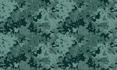 Fototapeta premium Seamless digital camouflage pattern in cool teal and dark green hues. Ideal for fashion, textiles, militarythemed designs, and gaming backgrounds.