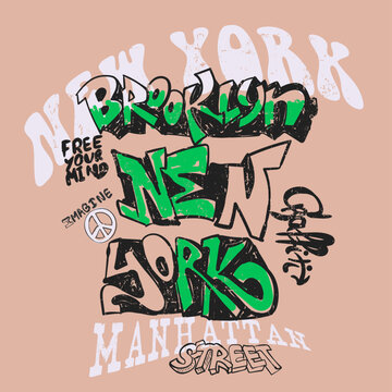 Graffiti t-shirt design. hand drawing typography t-shirt design. new York city name print design. Manhattan street graffiti artwork.