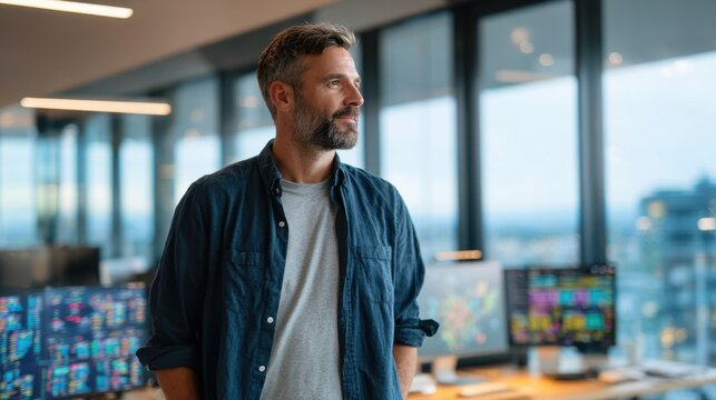Thoughtful man in modern control room with screens