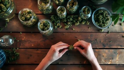 Marijuana cannabis topic concept. A persons hands delicately hold a cannabis bud against a rustic wooden backdrop. The scene is captured from a topdown perspective.