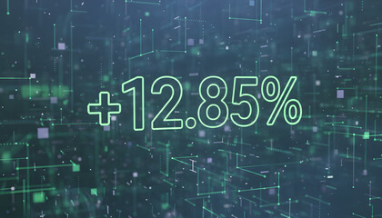 Positive growth chart showing +12.85% gain in abstract digital network