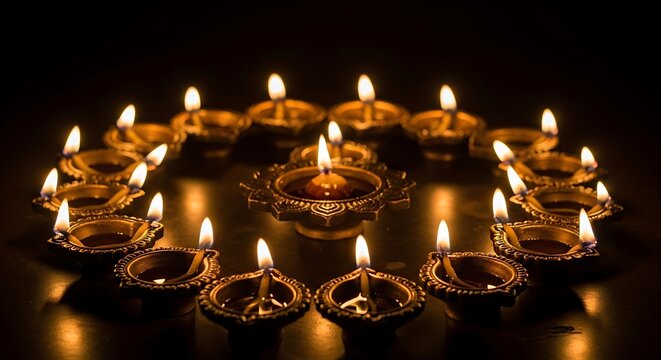 Circle of lit diyas with flames against dark background lamp light