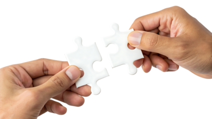 Two hands connecting white puzzle pieces together, cutout, PNG isolated on transparent background