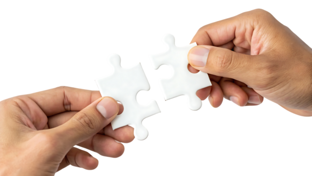 Two hands connecting white puzzle pieces together, cutout, PNG isolated on transparent background