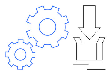 Two gears representing processes, arrow pointing down into an open box signifying installation, delivery, or automation. Ideal for technology, workflow, system, logistics, production innovation