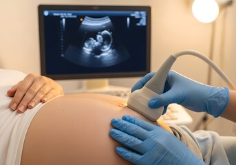 Prenatal care imagery showcasing ultrasound examination with expectant mother and fetus observation in medical setting for health education