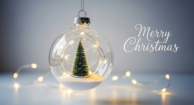 Clear glass Christmas ornament with tiny tree and fairy lights image