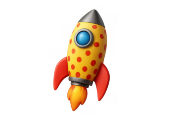 Colorful cartoon rocket ship launching, symbolizing startup success, business growth, and technological innovation