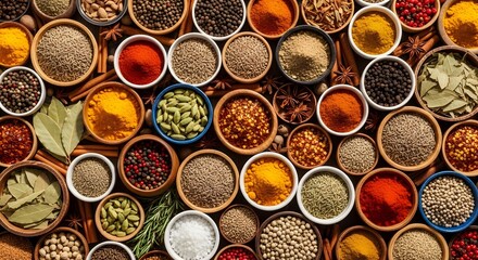 Assorted spices and herbs in bowls - culinary ingredients for cooking and flavoring adventures
