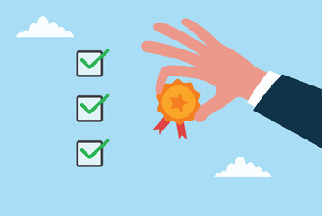 Vector illustration of a hand holding a quality badge beside completed checkboxes, symbolizing quality assurance, certification, standard compliance, verified process, and successful task completion
