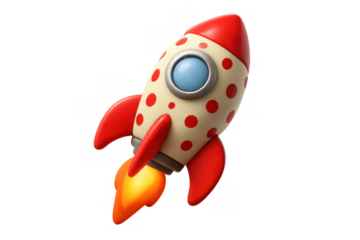 Cartoon rocket spaceship flying upwards, launching progress, business startup growth, innovation concept with boost