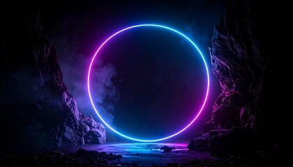 Neon portal in a dark cave setting.