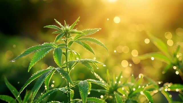 Marijuana cannabis topic concept. cannabis plant with dewdrops on leaves during golden hour.