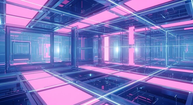 Abstract Neon Grid Room with Pink Lights interior