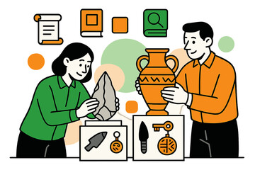 Ancient Tools Exhibit. Artifact curation. Curators arranging exhibits of ancient tools and cultural items,