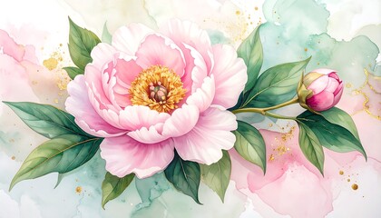 Watercolor Peony Flower Illustration with Bud and Green Leaves.